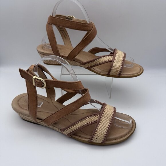 Born Cascade Sandals Shoes Womens Size 9 Brown Leather Raffia Strappy Wedge - Picture 2 of 7